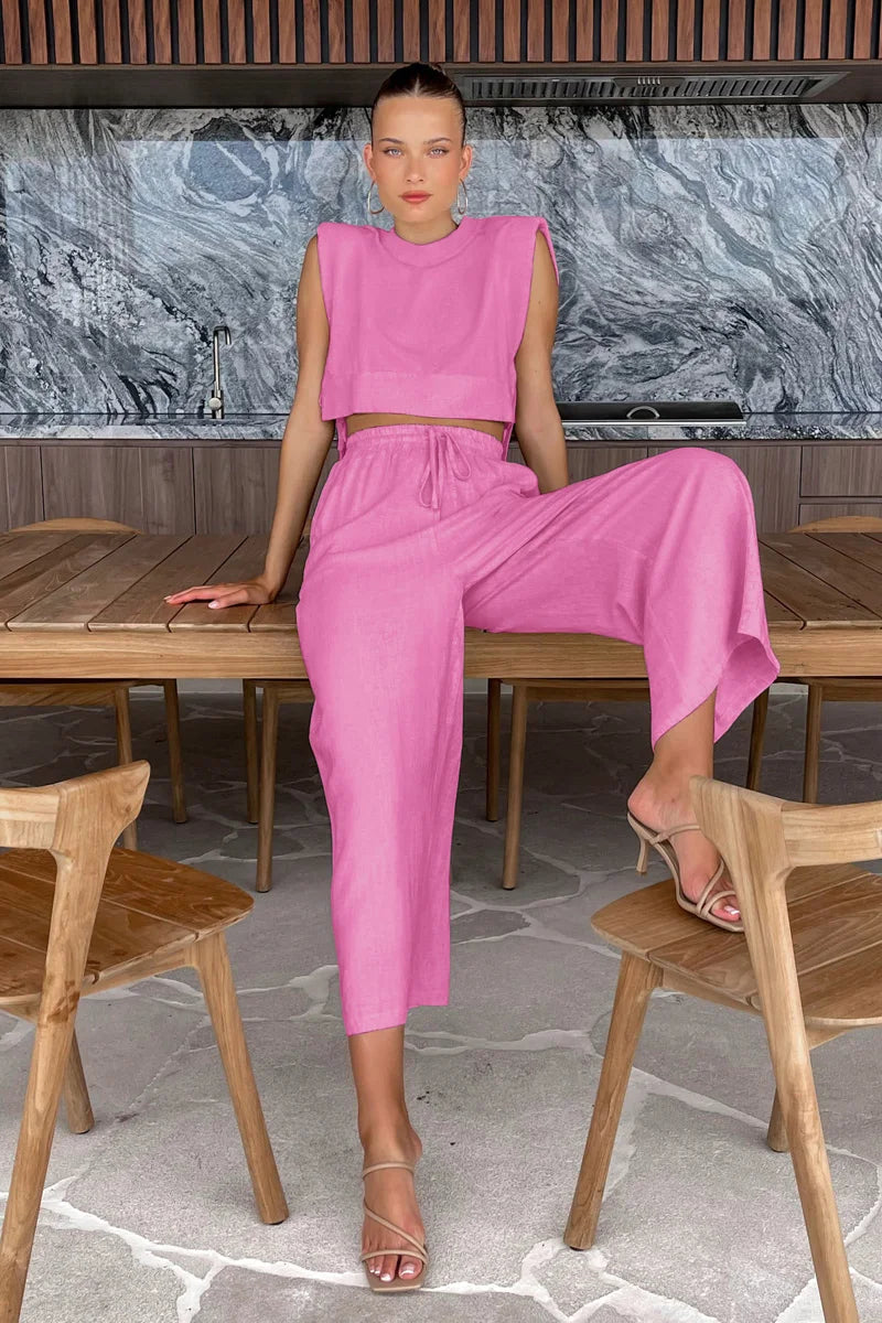 Primavera verão 2025 feminino férias conjunto de calça de linho colheita topos sólidos roupas 2 duas peças conjunto de correspondência para mulher