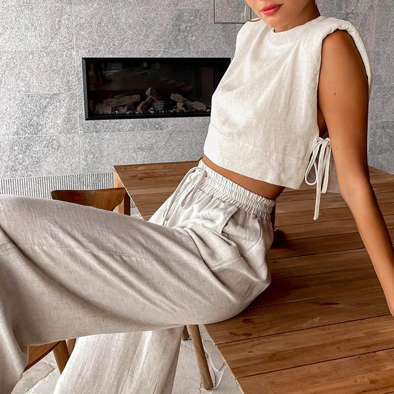 Primavera verão 2025 feminino férias conjunto de calça de linho colheita topos sólidos roupas 2 duas peças conjunto de correspondência para mulher