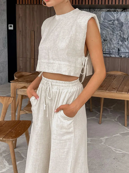 Primavera verão 2025 feminino férias conjunto de calça de linho colheita topos sólidos roupas 2 duas peças conjunto de correspondência para mulher