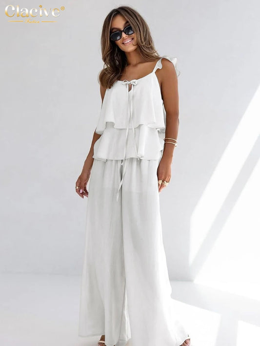 Clacive Summer Loose White Cotton Women's Two Pieces Set 2025 Fashion Sleeveless Tank Top With High Waist Wide Pants Set Female